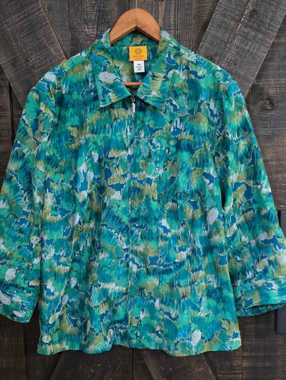 Ruby Rd. Teal & Green Multicolor Lightweight Sheer Zip Jacket Size 24 (3X)